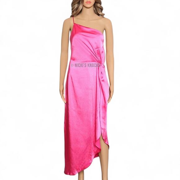 Anthropologie OPT One Shoulder Satin Asymmetric Knot Midi Dress Pink Size M - Picture 3 of 11